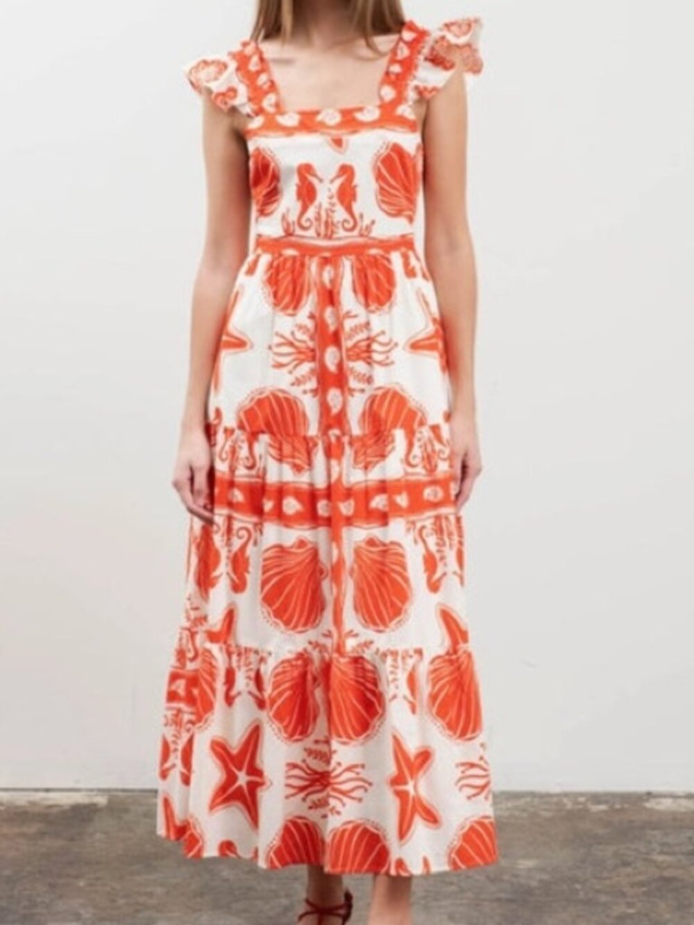 Moon River Coral and White Sea Life Maxi Dress (Size Small)